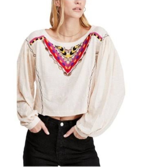 Free People Boho Embroidered Long Sleeve Hand Me Down Top - Picture 9 of 13